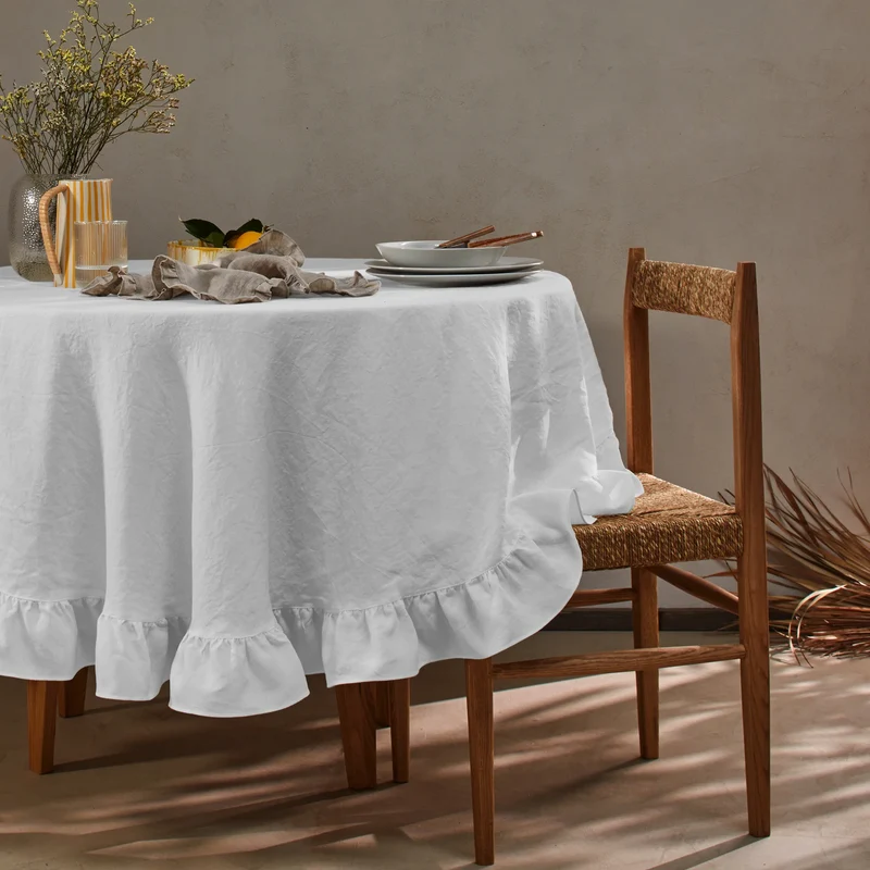 Mantel redondo con volantes en lino lavado gris minéral