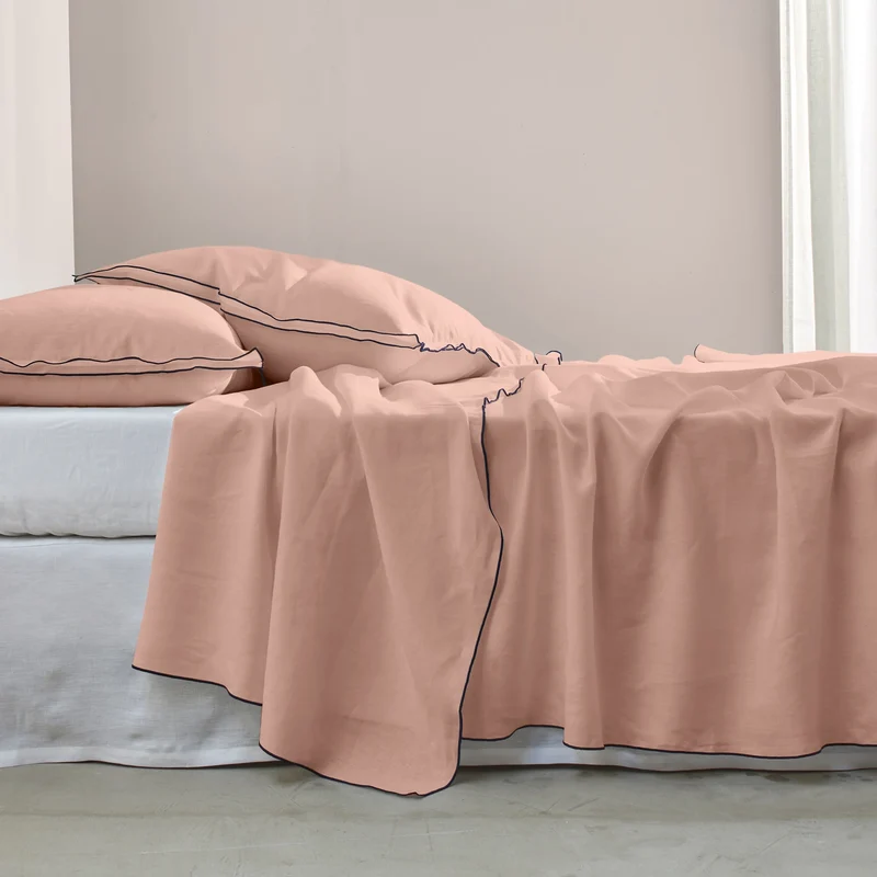 Sábana plana con bourdon en lino lavado rosa