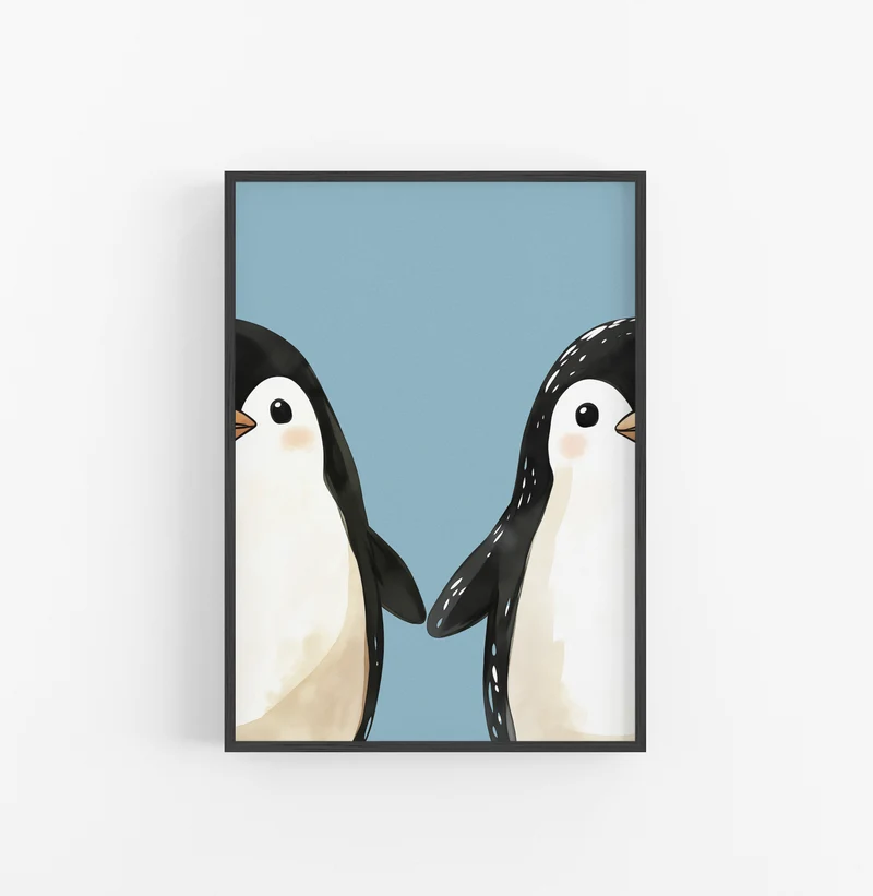 Cuadro Animales Ilustracion Pinguinos Azul Negro