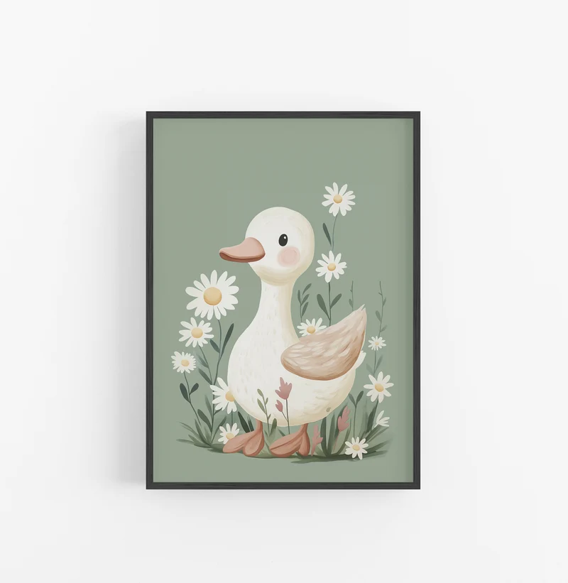 Cuadro Duck Dibujosanimados Floral Verde Crema