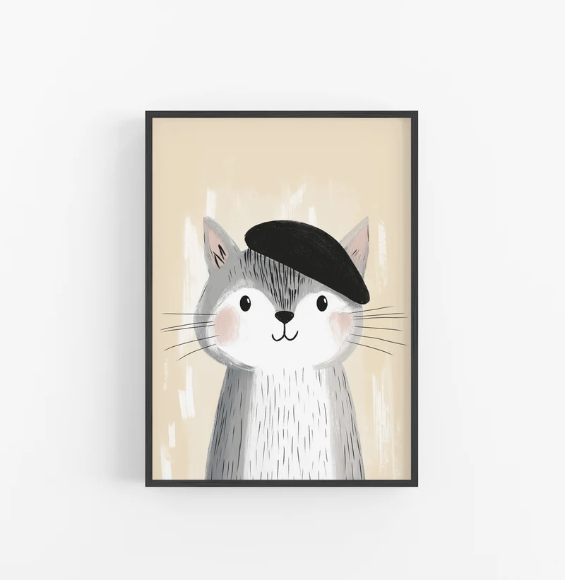 Cuadro Gato Ilustracion Ninos Gris Negro
