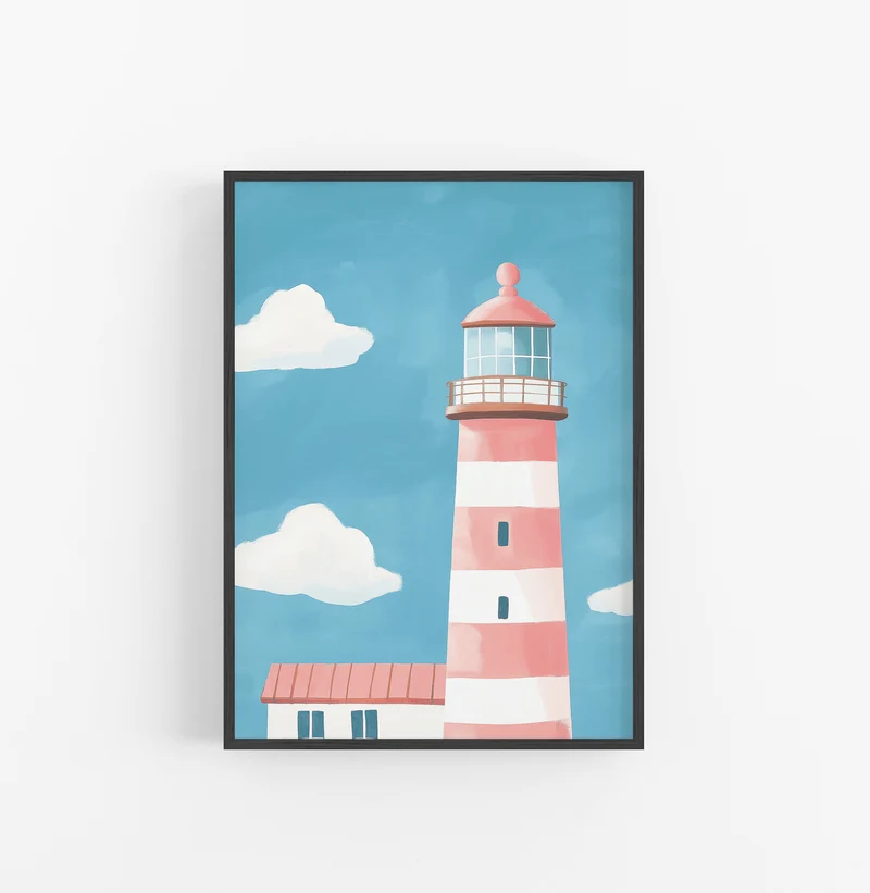 Cuadro Ilustracion Marina Faro Rosado Azul