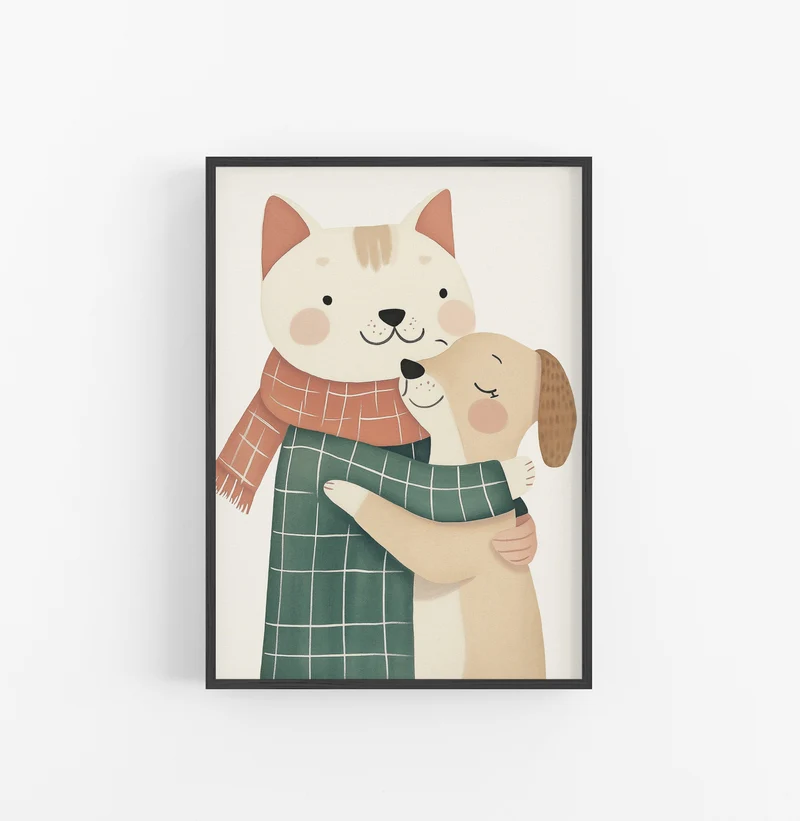 Cuadro Ilustracion Perro Gato Sueter Verde Rojo