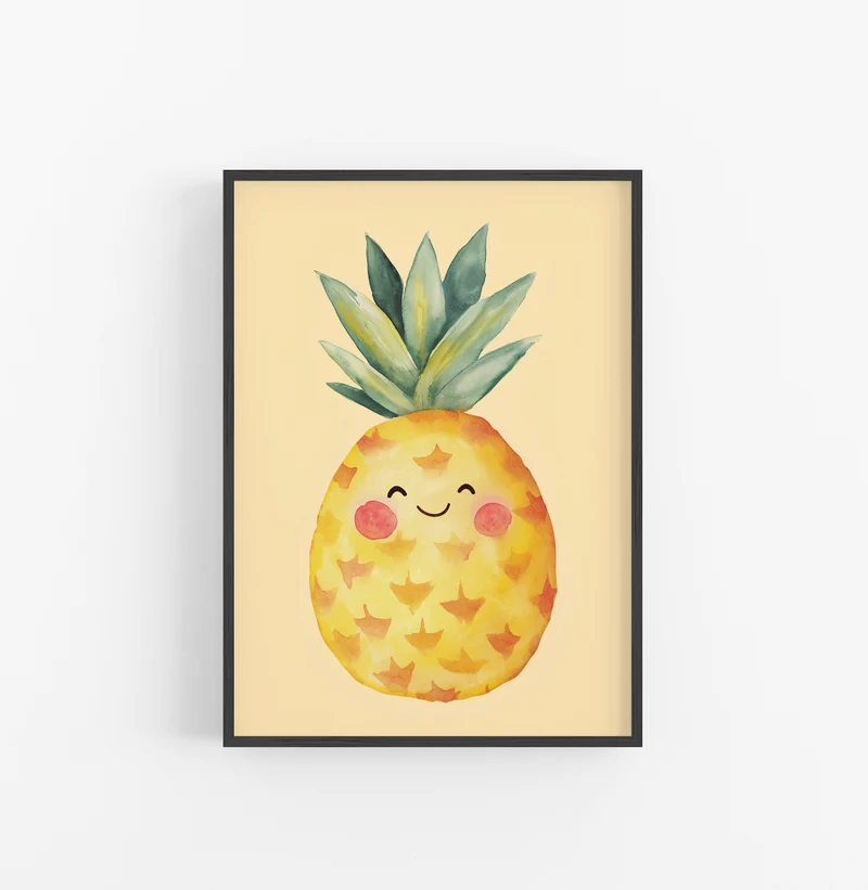 Cuadro Piña Acuarela Caricatura Amarillo Verde