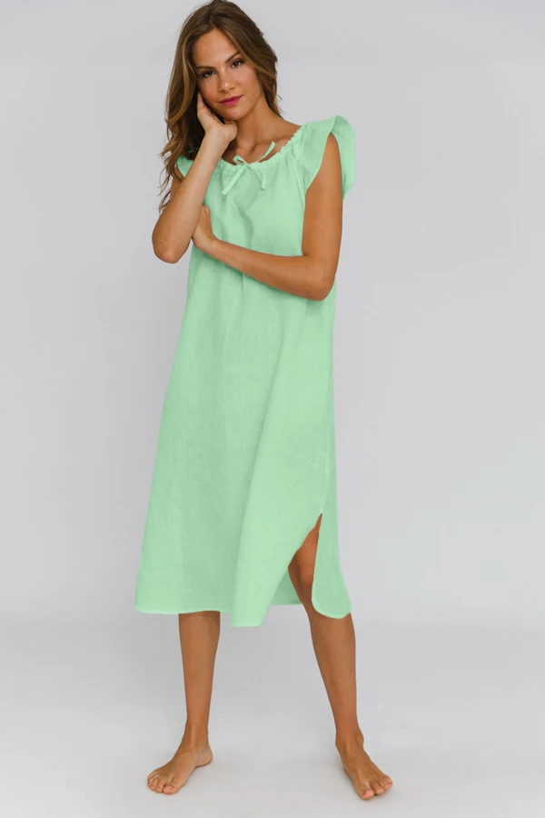 Camisa de dormir midi de lino verde menta - Rosa