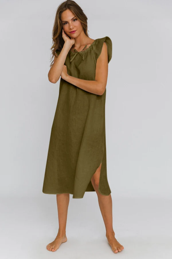 Camisa de dormir midi de lino verde oliva - Rosa