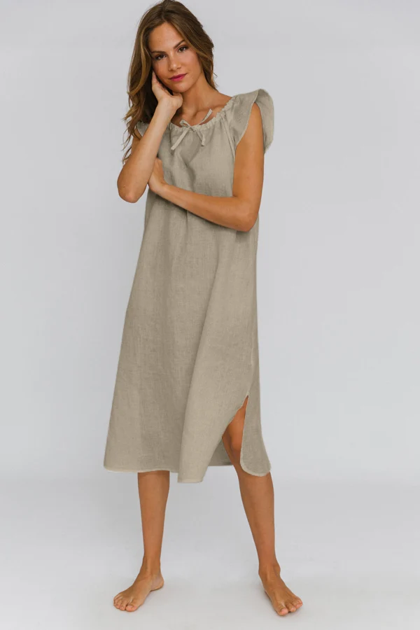 Camisa de dormir midi de lino natural - Rosa