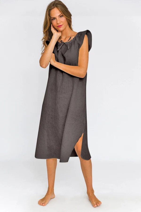 Camisa de dormir midi de lino gris plomo - Rosa