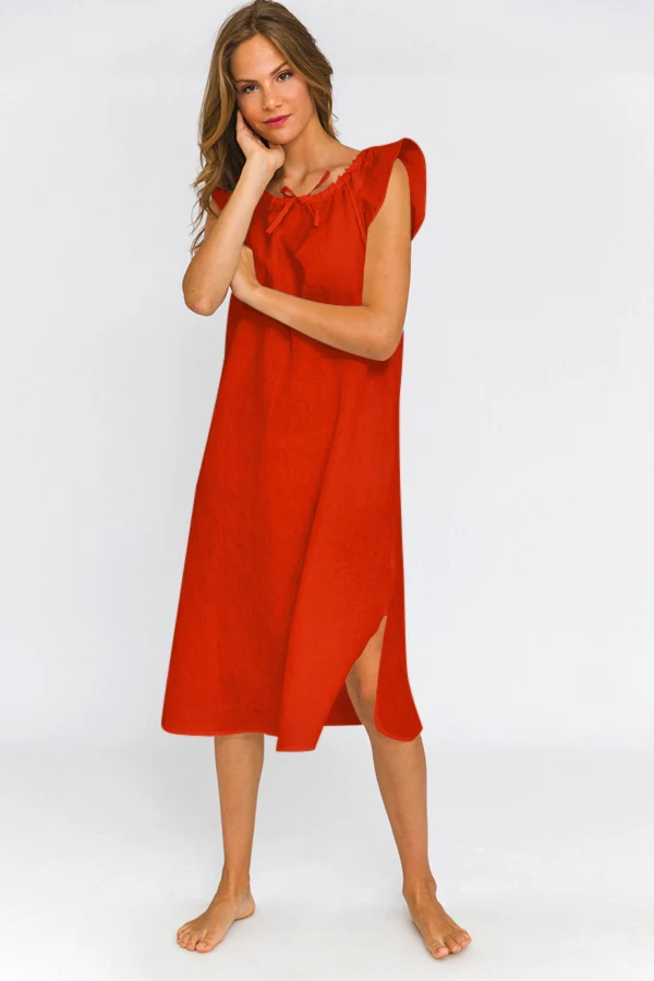 Camisa de dormir midi de lino coral - Rosa