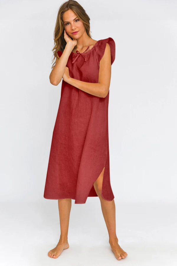 Camisa de dormir midi de lino ladrillo - Rosa