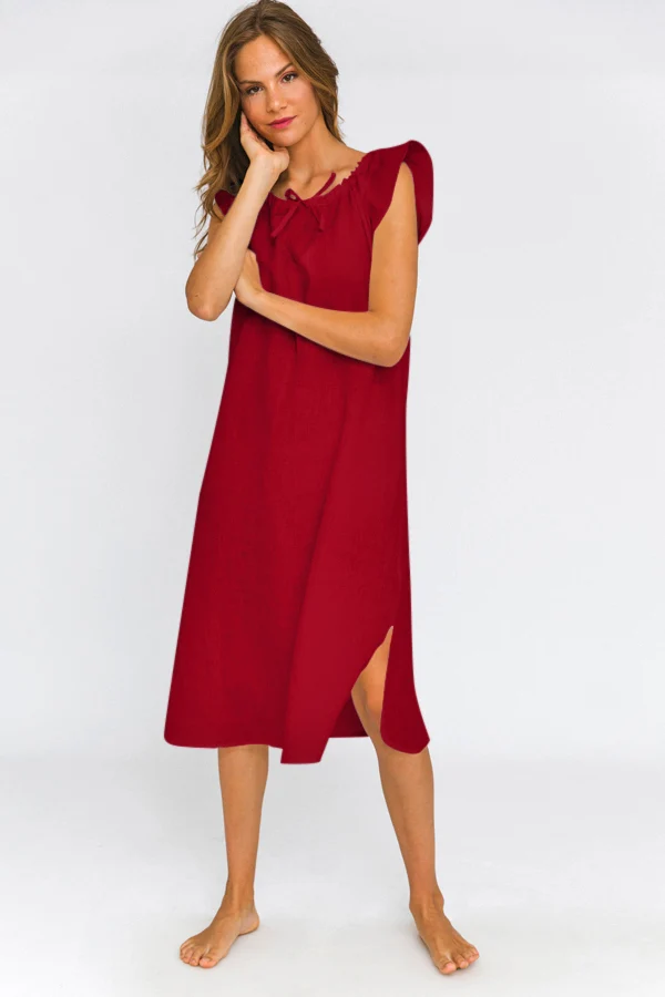 Camisa de dormir midi de lino burdeos - Rosa