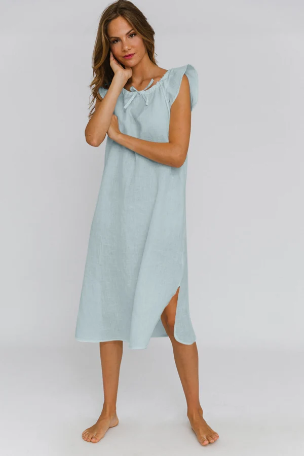 Camisa de dormir midi de lino azul glaciar - Rosa