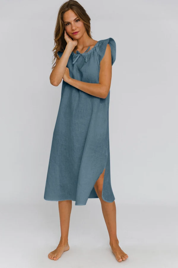 Camisa de dormir midi de lino azul francés - Rosa