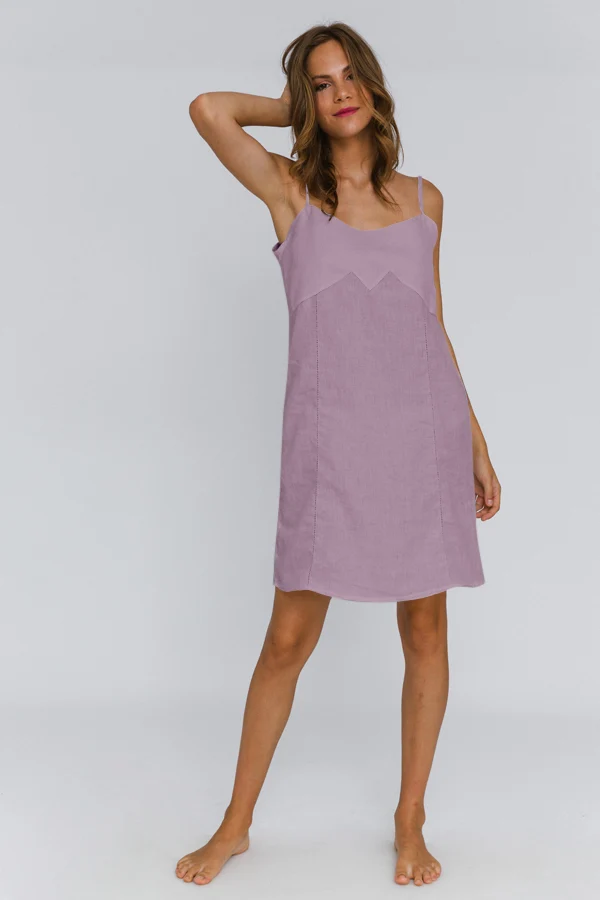 Camisón de tirantes finos en lino lavado lila - Olívia