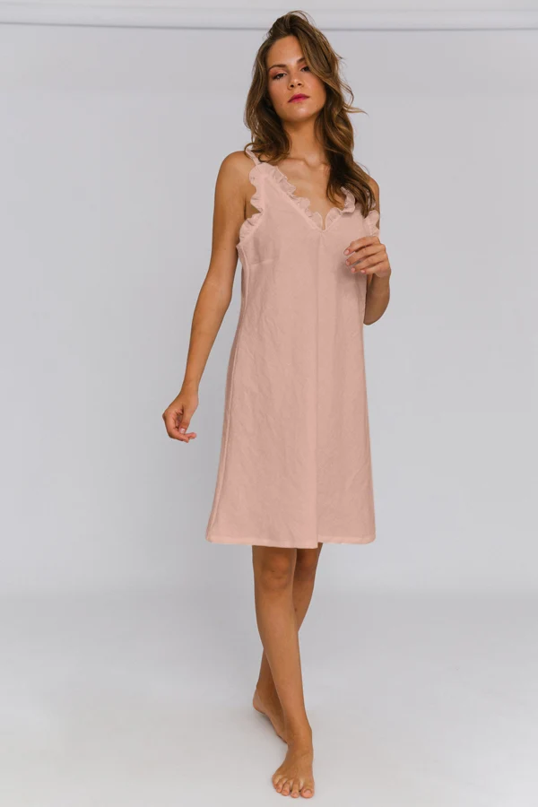 Camisa de dormir con volante en lino lavado rosa - Carla