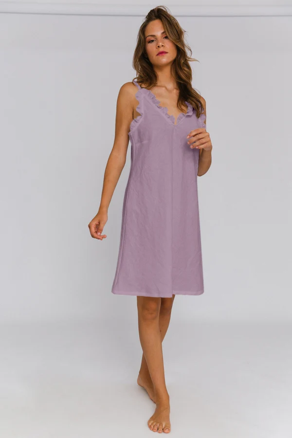 Camisa de dormir con volante en lino lavado lila - Carla