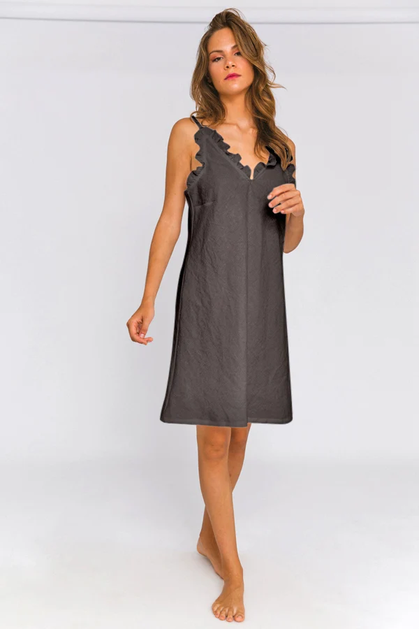 Camisa de dormir con volante en lino lavado gris plomo - Carla