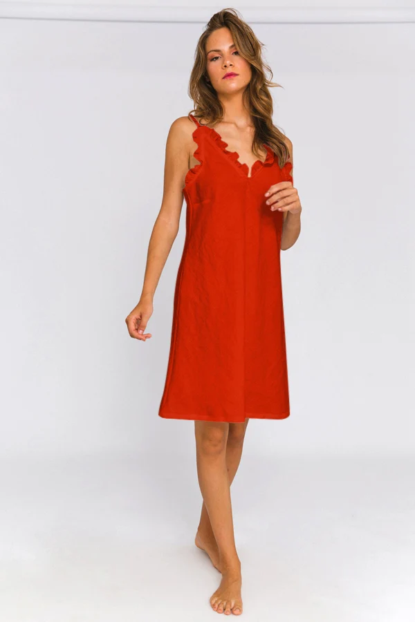 Camisa de dormir con volante en lino lavado coral - Carla