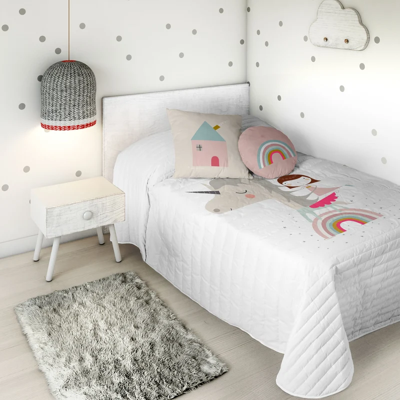 COLCHA BOUTI REVERSIBLE ESTAMPADA INFANTIL UNICORN WHITE 100% ALGODÓN