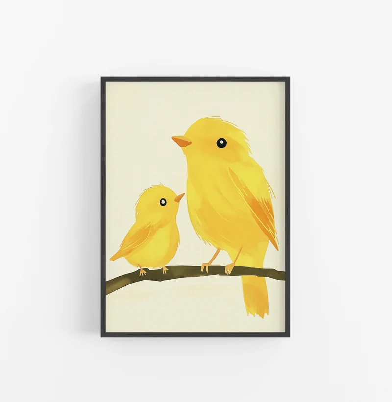 Cuadro Pajaros Ilustracion Amarillo Marron