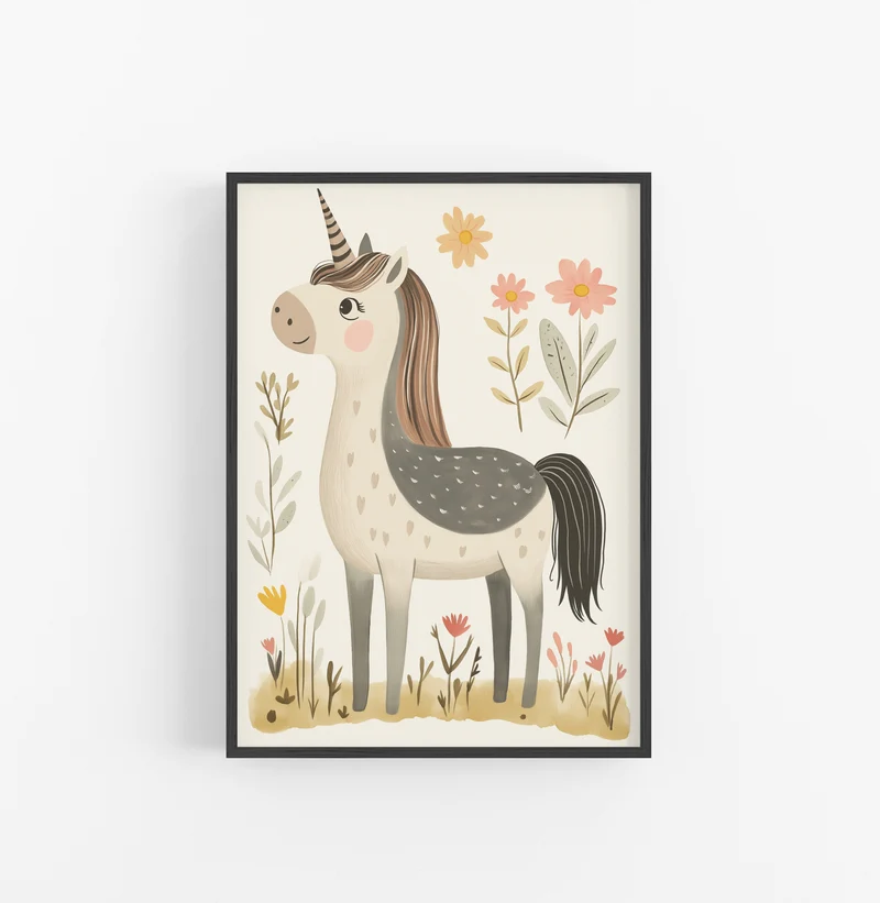 Cuadro Unicornios Floral Suave Beige Rosado