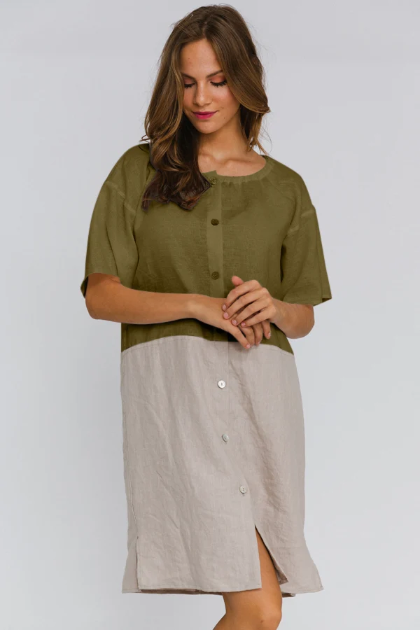 Camisón con mangas cortas de lino verde oliva – Gabi