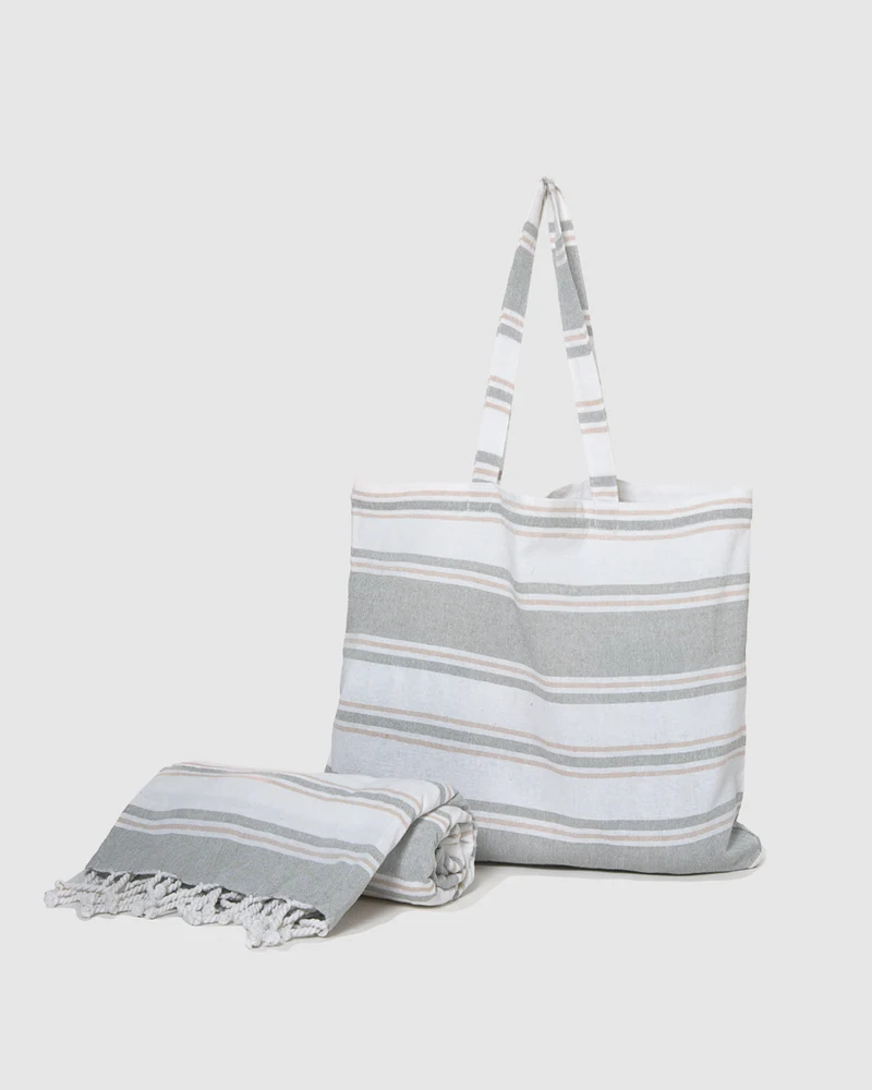 Pack bolso + toalla pareo algodón raya sansara verde seco