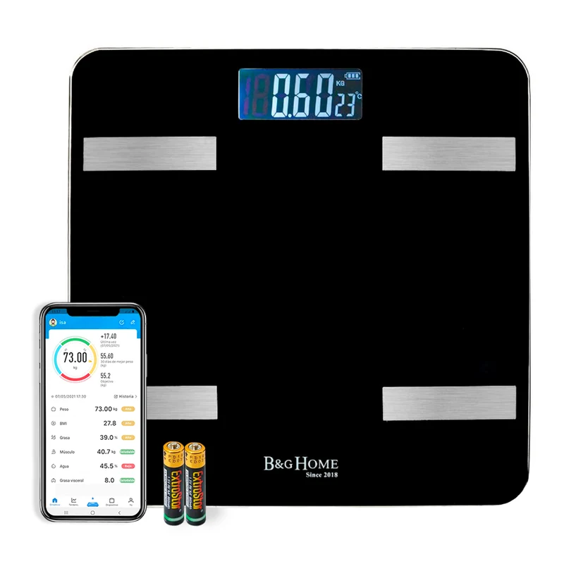 Báscula inteligente Analiza 8 Funciones, Monitores de Composición Corporal con App para Peso Corporal, Grasa, Agua, IMC, BMR, Masa Muscula