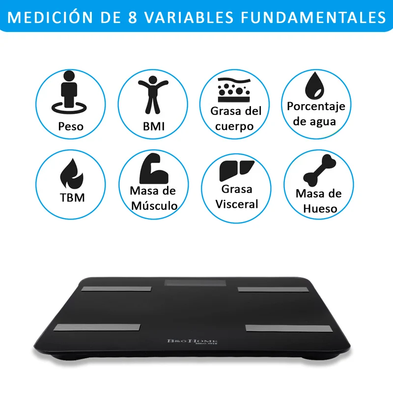 Báscula inteligente Analiza 8 Funciones, Monitores de Composición Corporal con App para Peso Corporal, Grasa, Agua, IMC, BMR, Masa Muscula