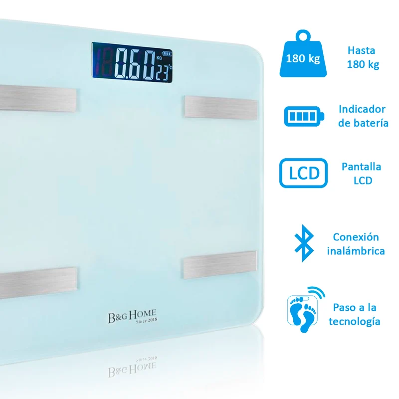 Báscula inteligente Analiza 8 Funciones, Monitores de Composición Corporal con App para Peso Corporal, Grasa, Agua, IMC, BMR, Masa Muscula