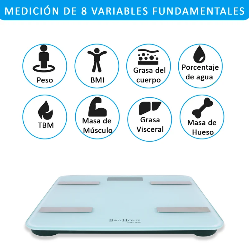 Báscula inteligente Analiza 8 Funciones, Monitores de Composición Corporal con App para Peso Corporal, Grasa, Agua, IMC, BMR, Masa Muscula