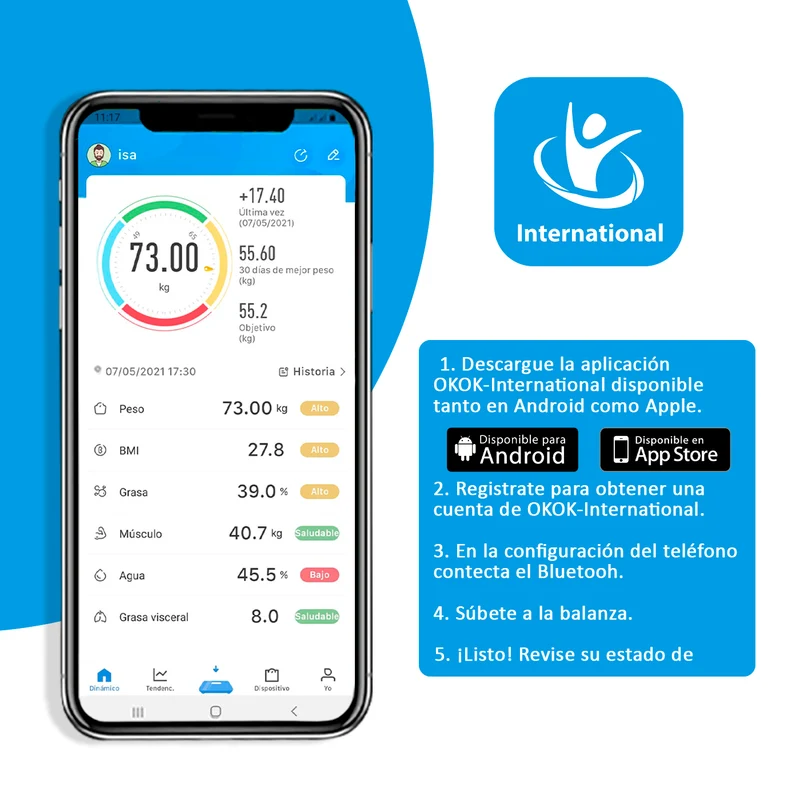 Báscula inteligente Analiza 8 Funciones, Monitores de Composición Corporal con App para Peso Corporal, Grasa, Agua, IMC, BMR, Masa Muscula