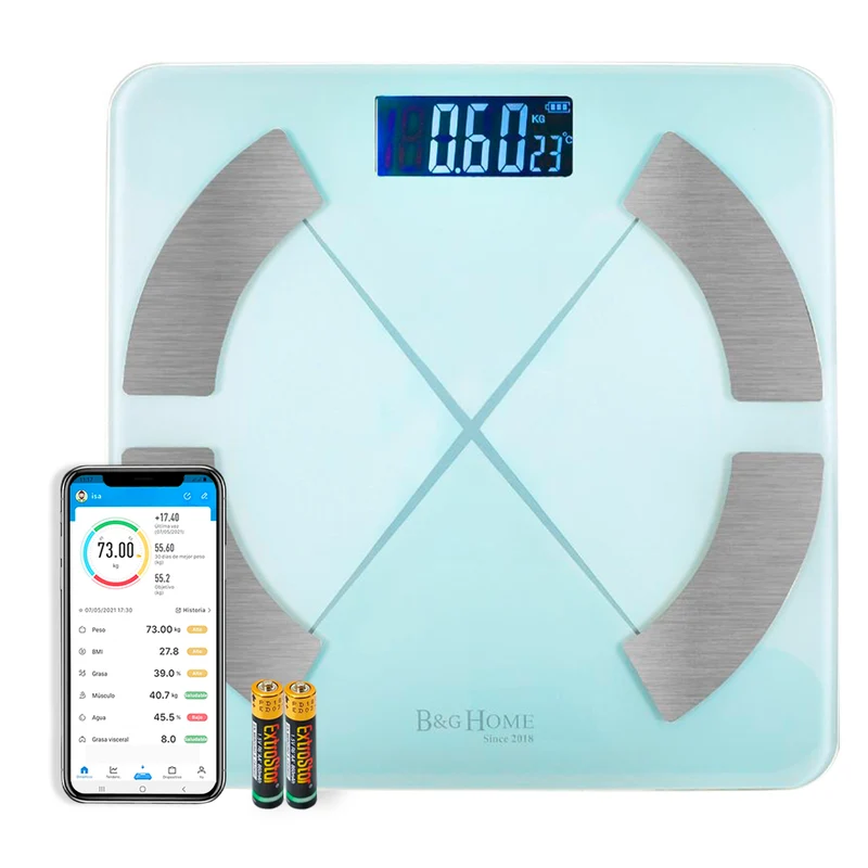 Báscula inteligente Analiza 8 Funciones, Monitores de Composición Corporal con App para Peso Corporal, Grasa, Agua, IMC, BMR, Masa Muscula