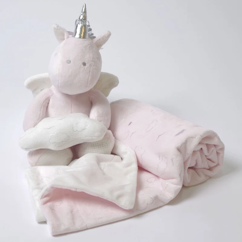 Manta + unicornio de peluche rosa
