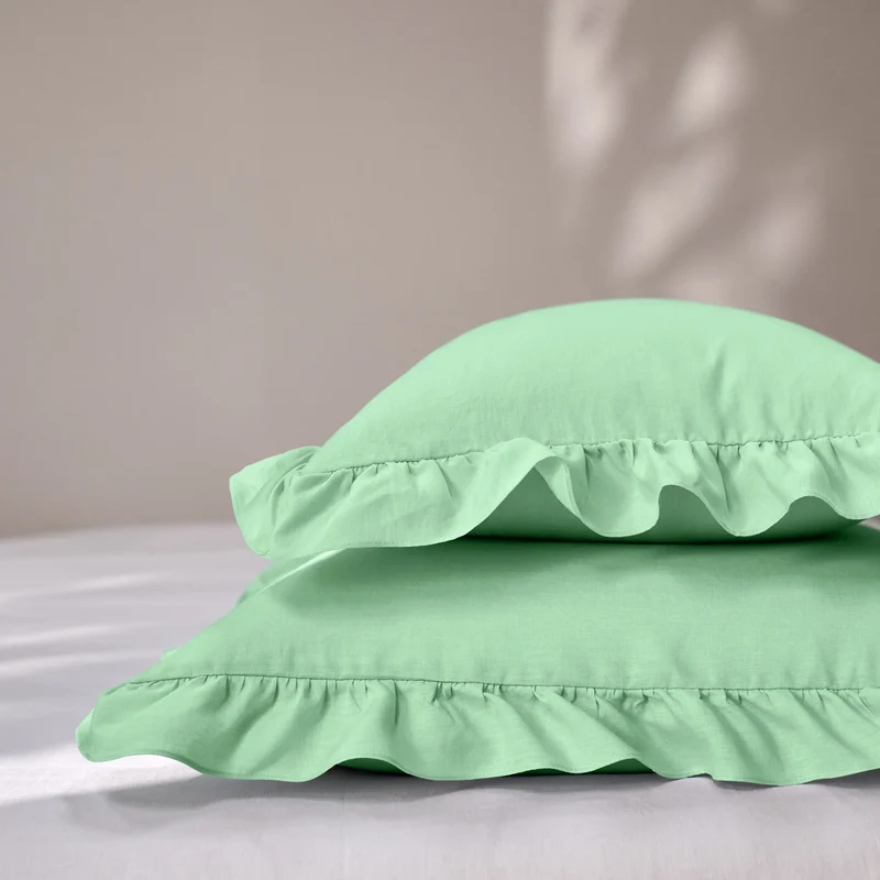 Lote de 2 fundas de almohada con volante de lino verde menta