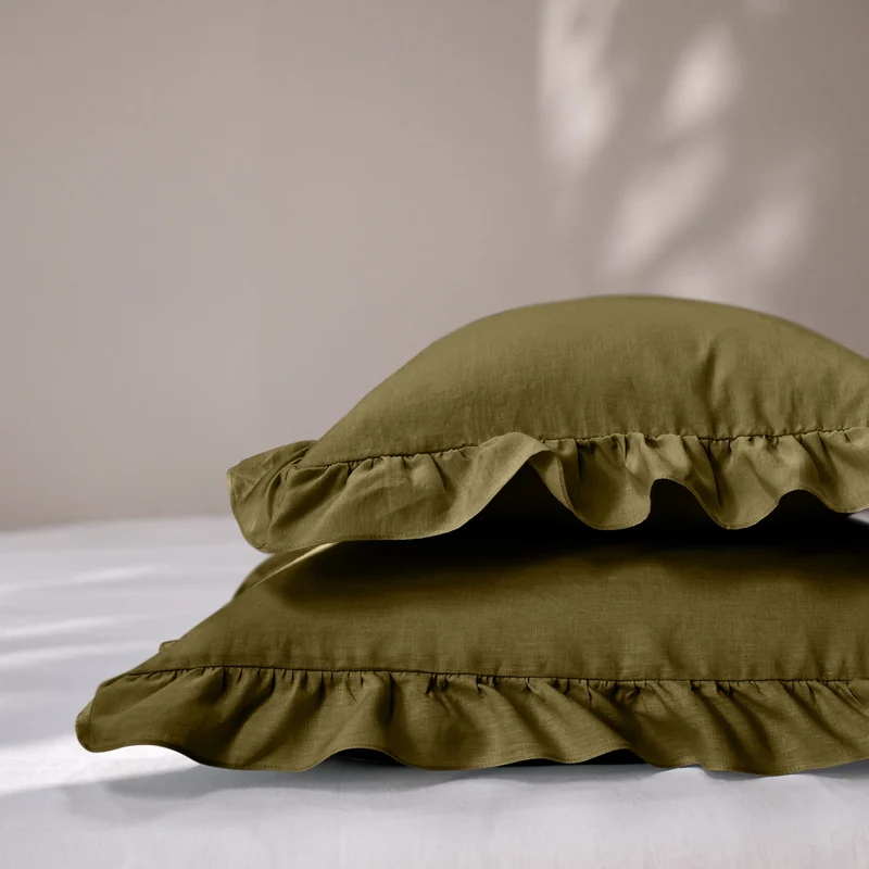Lote de 2 fundas de almohada con volante de lino verde oliva
