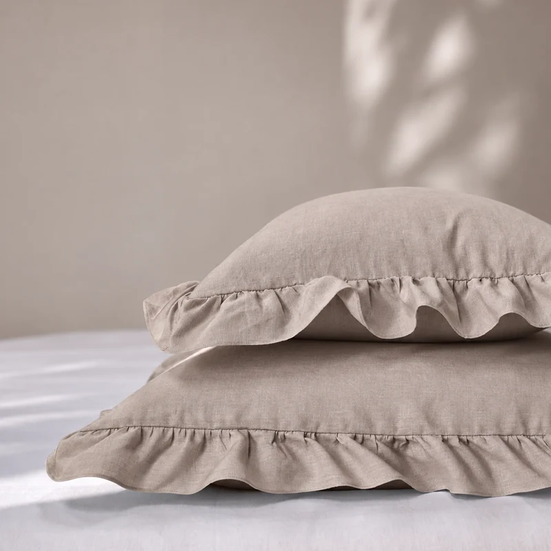 Lote de 2 fundas de almohada con volante de lino natural