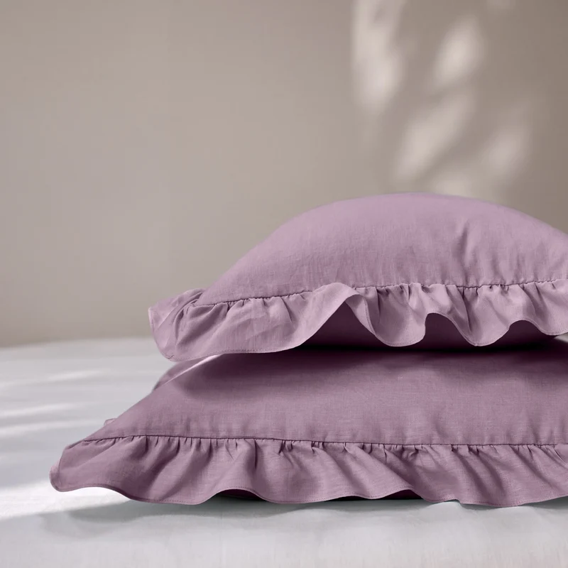 Lote de 2 fundas de almohada con volante de lino lila