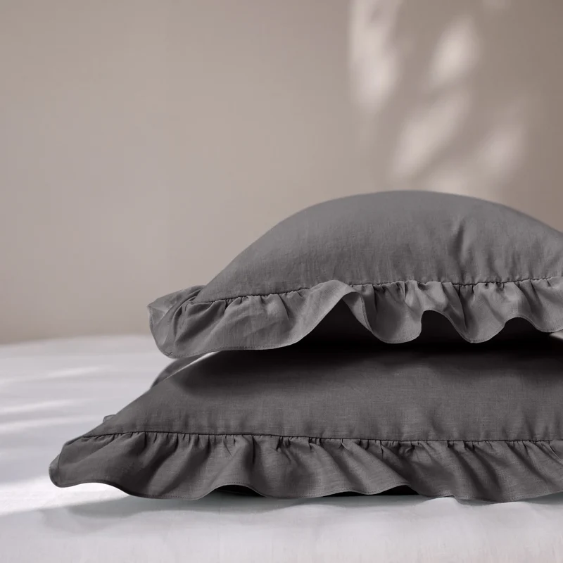 Lote de 2 fundas de almohada con volante de lino gris plomo