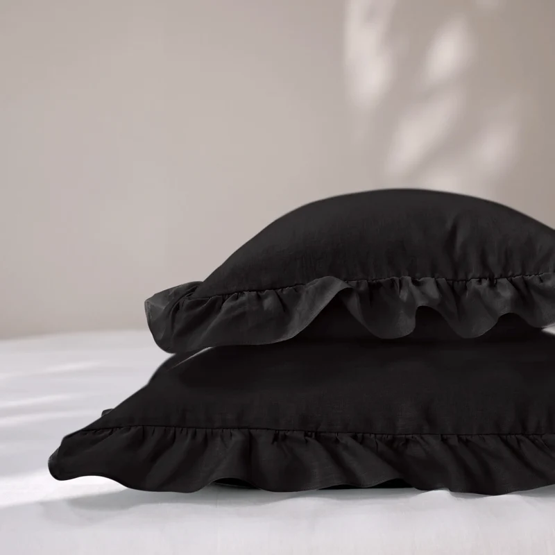 Lote de 2 fundas de almohada con volante de lino tinta negra