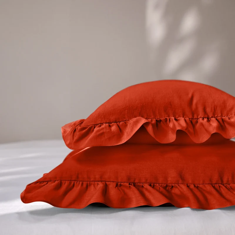 Lote de 2 fundas de almohada con volante de lino coral