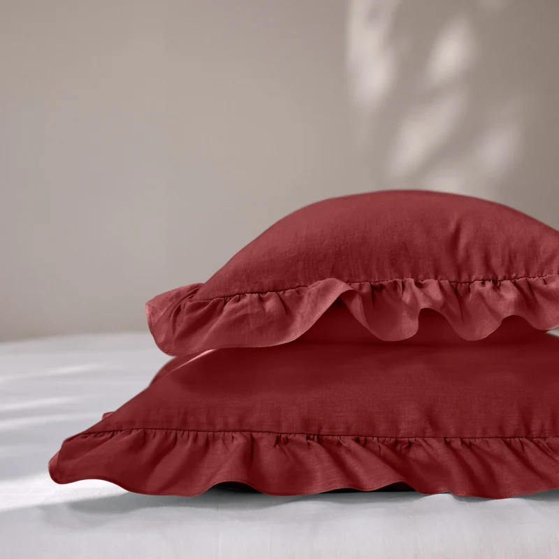 Lote de 2 fundas de almohada con volante de lino ladrillo