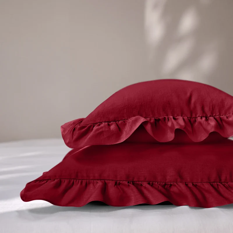 Lote de 2 fundas de almohada con volante de lino burdeos