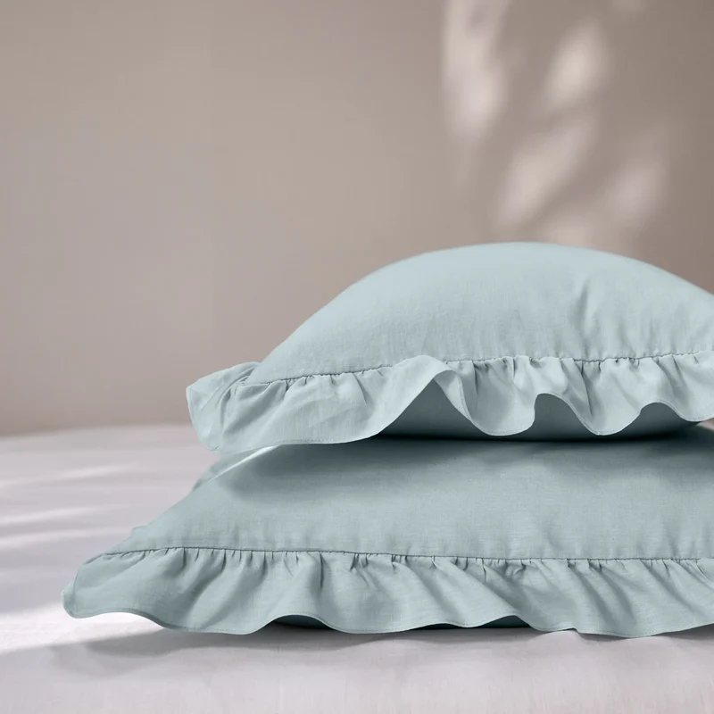 Lote de 2 fundas de almohada con volante de lino azul glaciar
