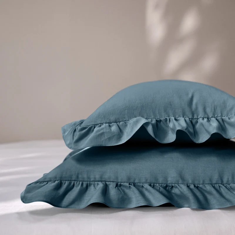 Lote de 2 fundas de almohada con volante de lino azul francés