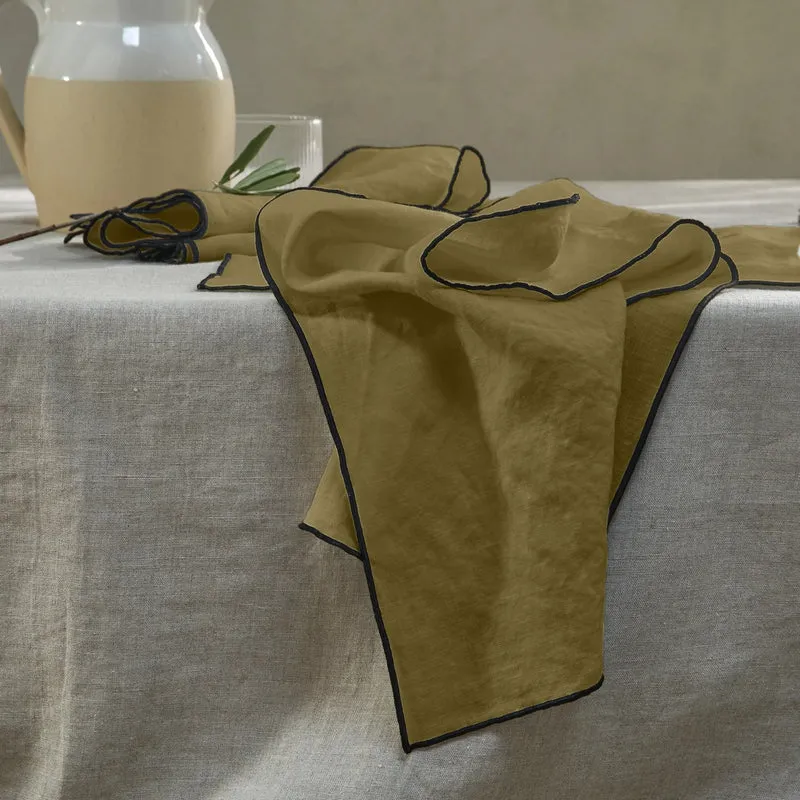 Servilletas de mesa con bourdon en lino verde oliva