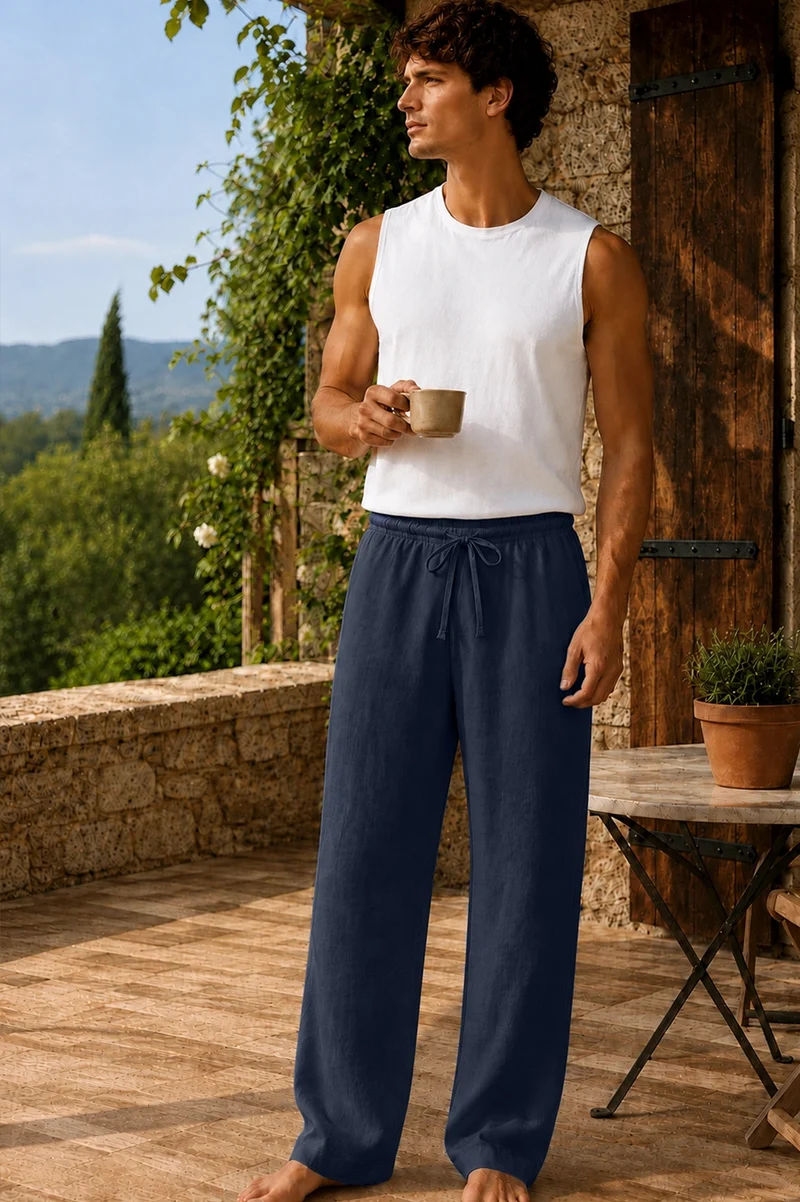 Pantalones de pijama hombre de lino azul noche - Diego