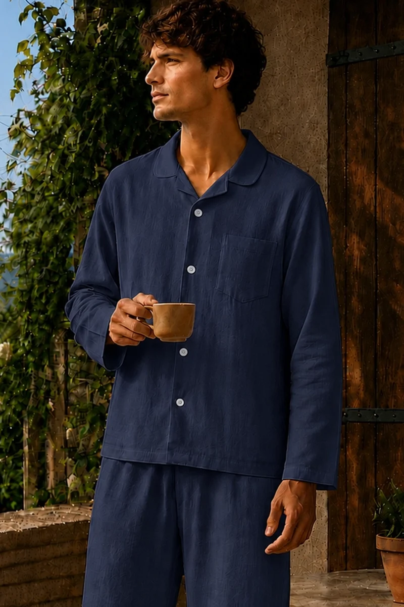 Camisa de pijama con mangas largas en lino azul noche - Diego